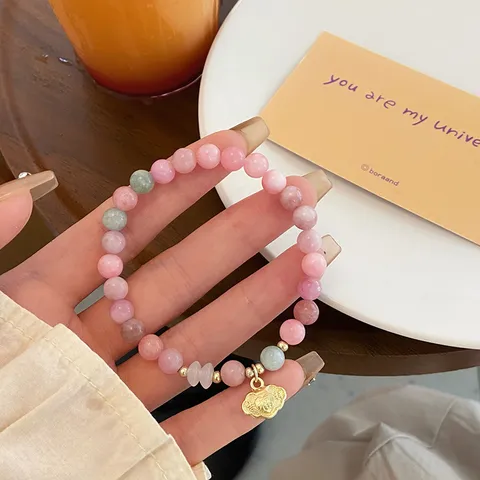 Neo-Chinese Sweet Macaron Colored Jade Beaded Bracelet For Women Handmade Ancient Style Hanfu Accessories Fox Mask Ruyi Lock Rhinestone Flower Charm Bracelet Jewelry Gift