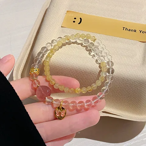 Neo-Chinese Style Natural Citrine Double Layer Beaded Bracelet For Women Amethyst Strawberry Quartz Gourd Butterfly Heart Pendant Charms Agate Copper Beads Handmade Crystal Strand Bracelet Fortune Jewelry Gift