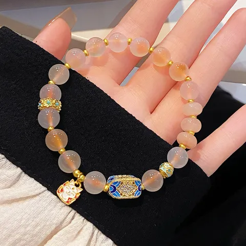 Neo Chinese Style Agate Beaded Bracelet Fresh Sweet Gold Plated Copper Enamel Lucky Cat Tassel Charm Bracelet For Women Daily Decor