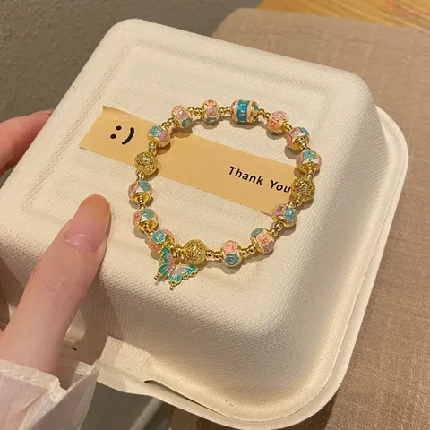 Vintage Copper Cloisonne Enamel Beaded Bracelet Ethnic Handmade Butterfly Charm Elastic Wristband Jewelry Gift For Women