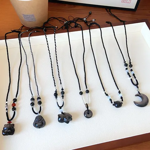Natural Obsidian Pendant Necklace Chinese Style Handmade Braided Rope Chain Amulet Pendant For Unisex Retro Jewelry Gift