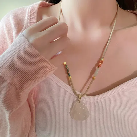 Natural Agate Buddha Pendant Long Necklace Chinese Style Braided Rope Chain Adjustable Sweater Necklace Gift For Unisex Jewelry