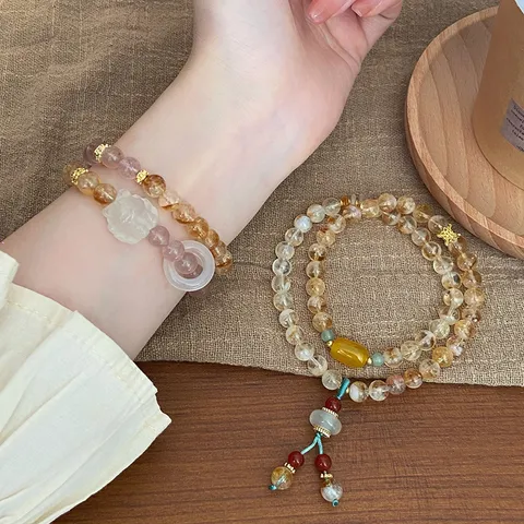 Natural Citrine Strawberry Quartz Double Layer Beaded Bracelet Ethnic Vintage Handmade Crystal Strand Bangle With Fox Pendant Women Jewelry