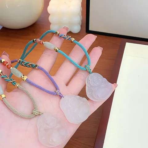 Natural Agate Buddha Pendant Long Necklace Chinese Style Braided Rope Chain Adjustable Sweater Necklace Gift For Unisex Jewelry