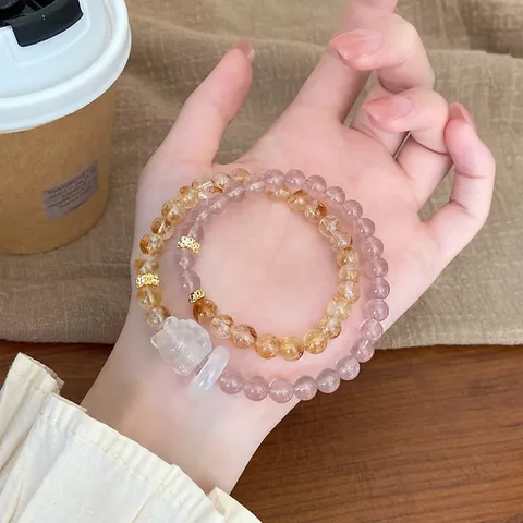 Natural Citrine Strawberry Quartz Double Layer Beaded Bracelet Ethnic Vintage Handmade Crystal Strand Bangle With Fox Pendant Women Jewelry