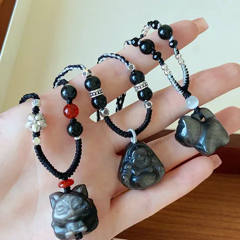 Natural Obsidian Pendant Necklace Chinese Style Handmade Braided Rope Chain Amulet Pendant For Unisex Retro Jewelry Gift
