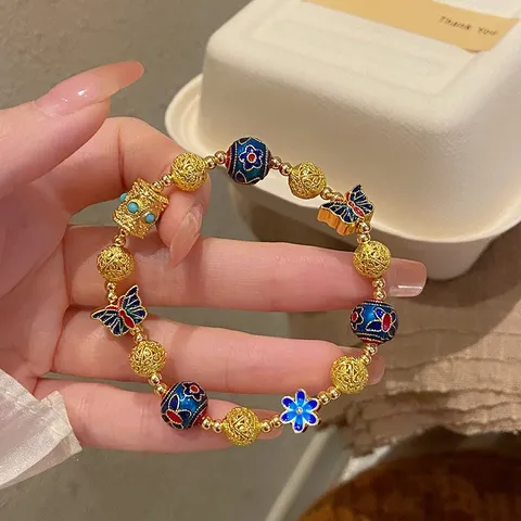 Vintage Copper Cloisonne Enamel Beaded Bracelet Ethnic Handmade Butterfly Charm Elastic Wristband Jewelry Gift For Women