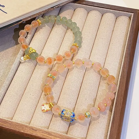 Neo Chinese Style Agate Beaded Bracelet Fresh Sweet Gold Plated Copper Enamel Lucky Cat Tassel Charm Bracelet For Women Daily Decor