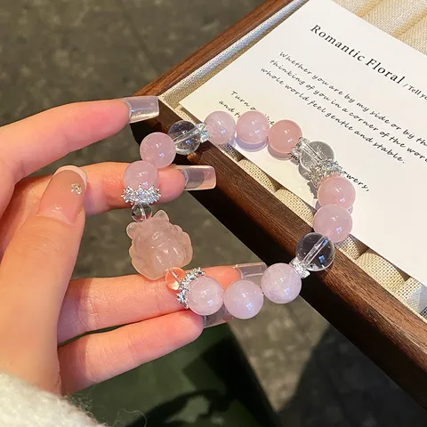 Natural Rose Quartz Bracelet Set For Women Sweet Fairy Style New Chinese Nine-tailed Fox Lion Dance Hand Chain Jewelry Gift