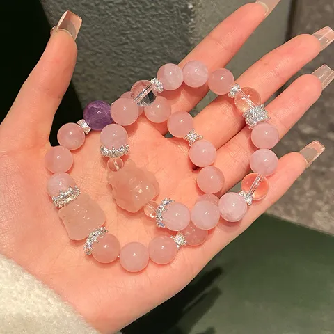Natural Rose Quartz Bracelet Set For Women Sweet Fairy Style New Chinese Nine-tailed Fox Lion Dance Hand Chain Jewelry Gift