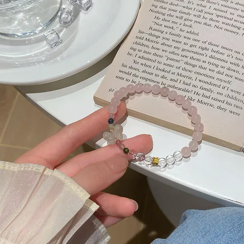 Sweet Pink Crystal Beaded Bracelet Artificial Pearl Pendant Charms Handmade Elastic Strand Bangle Hand Jewelry Gift For Women Girls
