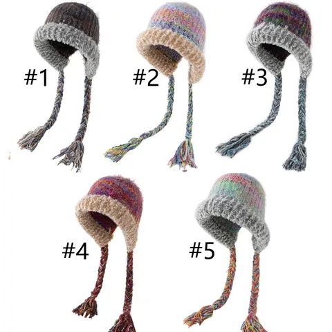 Damen Winter Warm Gestrickte Ohrenklappen Mütze Bunte Dopamin Stil Slouch Beanie Mit Quastenzöpfen Plüschbesatz Slouchy Mütze