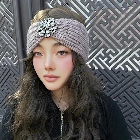 Women Winter Warm Knit Headband Polyester Rhinestone Flower Hair Band Wide Cable Headwrap Yoga Sport Elastic Headpiece Hair Accessories