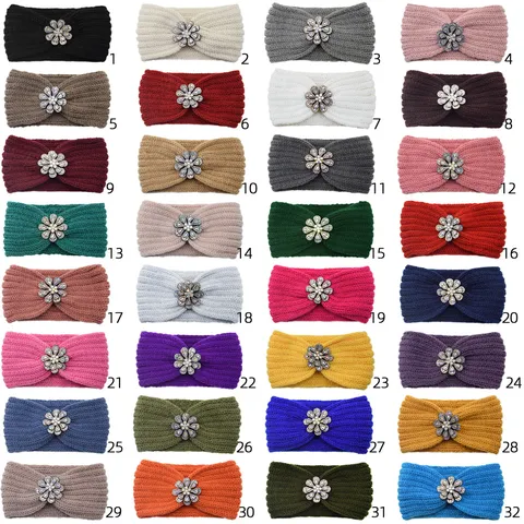 Women Winter Warm Knit Headband Polyester Rhinestone Flower Hair Band Wide Cable Headwrap Yoga Sport Elastic Headpiece Hair Accessories