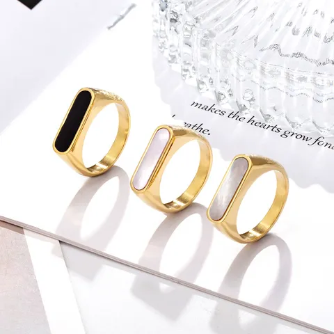 Frans Geometrisch Titanium Staal Verguld Schelp Ring Voor Dames Vintage Elegant Ovaal Parelmoer Inleg Statement Bandring Sieraden