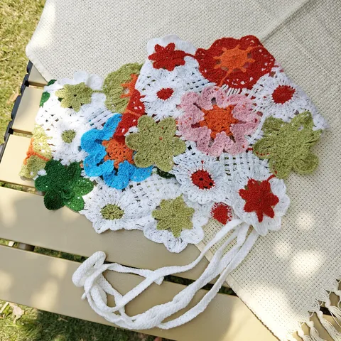 Pastoral Croché Floral Diadema Calado Tejido Pañuelo Triangular Patchwork Flor Banda de Pelo para Mujeres Viaje Vacaciones Pañuelo