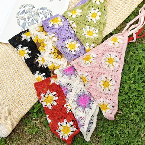 Pastoral Knit Flower Hairband Polyester Triangle Scarf Retro Floral Headwrap Crochet Hair Band For Women Beach Travel Decoration