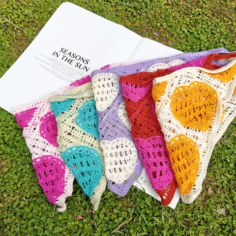 French Pastoral Crochet Heart Hollow Out Triangle Hair Bandana Sweet Bohemian Knit Headband Outdoor Scarf Hair Accessories For Women