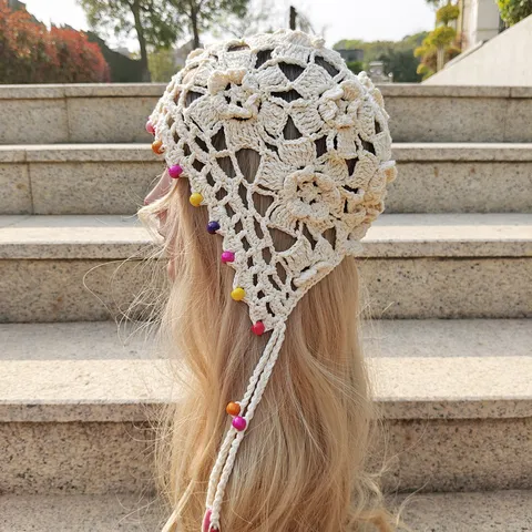 Handmade Crochet Knit Beanie Hat For Women Vintage Hollow Out Flower Pullover Hat With Tassel Braid Color Beads Boho Headwear