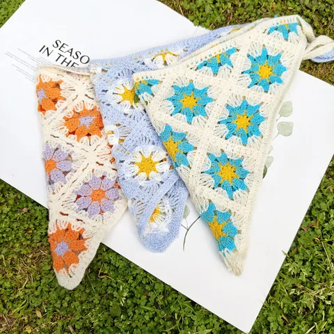 Diadema Triangular de Punto de Ganchillo Vintage Estilo Pastoral Francés Pañuelo de Pelo Floral Calado para Mujer Bohemio
