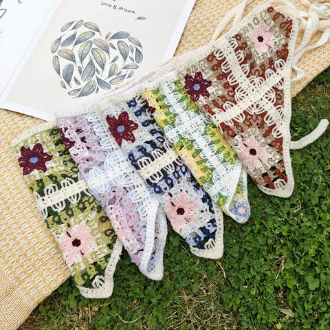 Französisches Vintage Hohles Strick Stirnband Pastorales Buntes Häkeln Blumen Dreieck Haarband Boho Dopamin Kopfwickel Für Damen