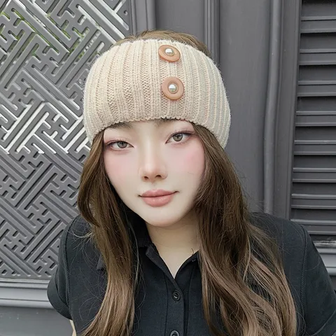 Western Style Acrylic Ribbed Knit Headband For Women Warm Ear Protection Hair Band With Artificial Pearl Buttons Decorative Headwrap For Everyday Home Wear