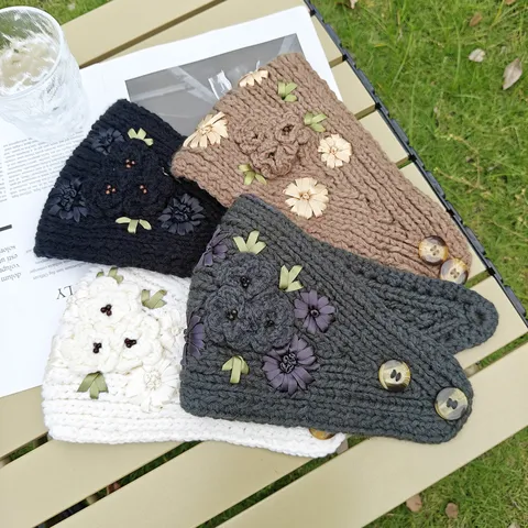 Diadema Bordada de Flores de Acrílico Tejida Vintage para Mujer Banda de Pelo Ancha Suave Cálida Accesorios de Cabello