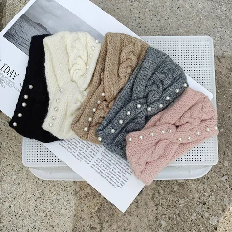 Diadema Ancha de Poliéster de Punto de Torsadas Con Adorno de Perla Artificial Invierno Cálido Suave Cintas para la Cabeza para Mujeres Accesorios de Tocados Diarios
