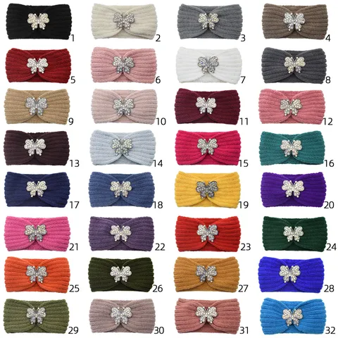 Polyester Knit Headband With Rhinestone Butterfly Charm Wide Cable Head Band Warm Turban For Women Hair Accessories