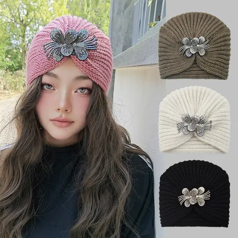 Women's Winter Knitted Beanie Hat With Rhinestone Flower Indian Style Turban Hat Warm Crochet Skull Cap For Autumn Winter