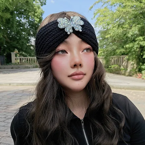 Polyester Knit Headband With Rhinestone Butterfly Charm Wide Cable Head Band Warm Turban For Women Hair Accessories