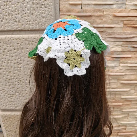 Pastoral Croché Floral Diadema Calado Tejido Pañuelo Triangular Patchwork Flor Banda de Pelo para Mujeres Viaje Vacaciones Pañuelo