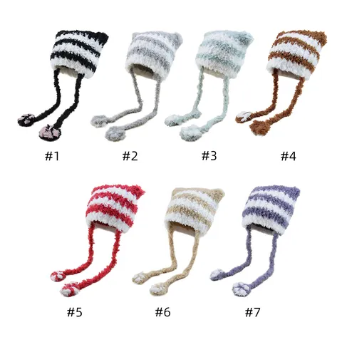 Cute Cat Ear Striped Acrylic Knit Hat With Long Scarf Paws Warm Windproof Winter Beanie For Women Outdoor Daily Casual