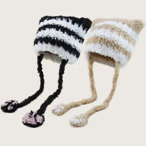 Cute Cat Ear Striped Acrylic Knit Hat With Long Scarf Paws Warm Windproof Winter Beanie For Women Outdoor Daily Casual