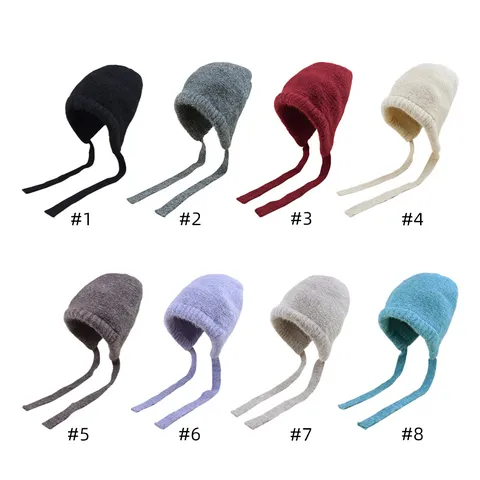 Minimalist Acrylic Solid Color Knit Beanie Hat With Ear Flap Long Straps Tassel Warm Windproof Outdoor Everyday Winter Ear Protection Earflap Bonnet Skull Cap For Women