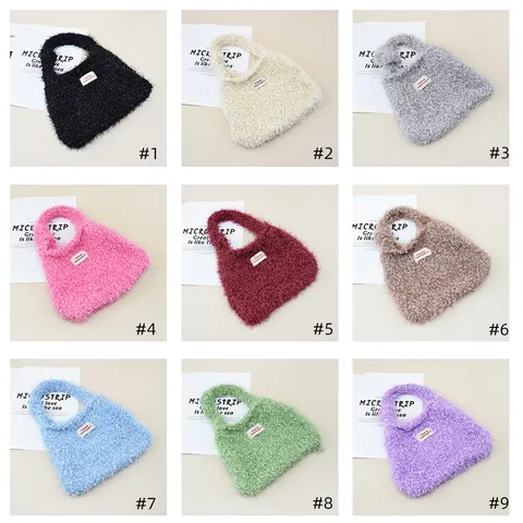 Borsa a Mano in Maglia Autunno Inverno Dolce Morbida Tinta Unita Secchiello Poliestere Intrecciato Piccola Quadrata Borsa per Donna