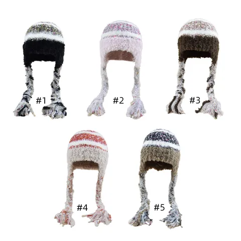 Women Autumn Winter Knitted Hat Colorful Braid Tassels Tie-up Straps Acrylic Warm Windproof Crochet Earflap Beanie Hat