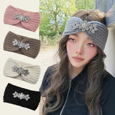 Women Knit Rhinestone Headband Winter Warm Headband Outdoor Elastic Hair Band Sequin Flower Braided Ear Warmer Hair Accessories