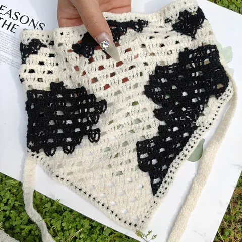 Diadema de Pañuelo Triangular de Punto de Ganchillo Estilo Pastoral para Mujer Flor Calada Estampado de Vaca Accesorios
