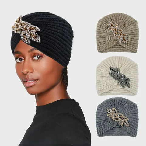 Mujeres Gorro Turban De Punto Elegante Poliéster Cuentas Hoja Cristal Cálido Invierno Gorra Pulóver Para Exterior Diario