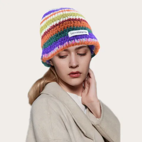 Hand-Knitted Colorful Striped Bucket Hat Warm Winter Fisherman Hat For Women Retro Boho Style Soft Acrylic Crochet Headwear