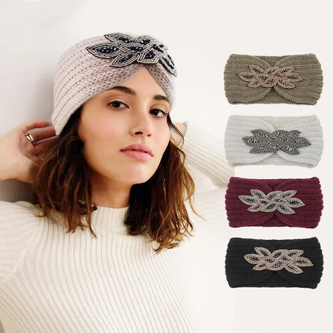 Women Knit Headband Rhinestone Beaded Winter Ear Warmer Polyester Twist Hairband Cross Soft Warm Wide Hair Accessories