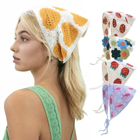 Fascia per Capelli a Triangolo in Maglia Uncinetto Pastorale Francese Bandana Retrò Traforata con Motivo Floreale Fragola Fungo per Donna