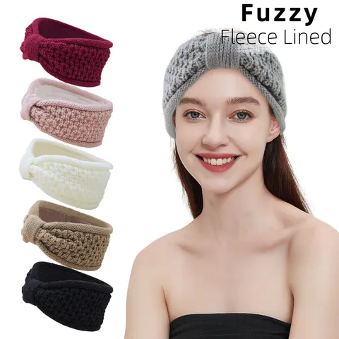 Bandeau Tricoté Hiver pour Femmes Doublé Polaire Cache-Oreilles Large Nœud Papillon Vintage Plaid Acrylique Bandeaux Thermiques Accessoires Cheveux