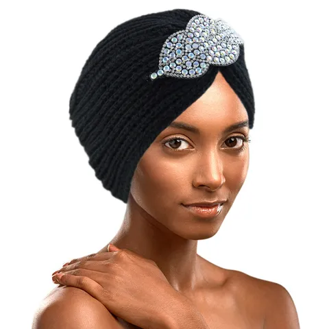 Women's Vintage Turban Hat With Rhinestone Leaf Accessory Autumn Winter Knitted Beanie Warm India Cap Headwear