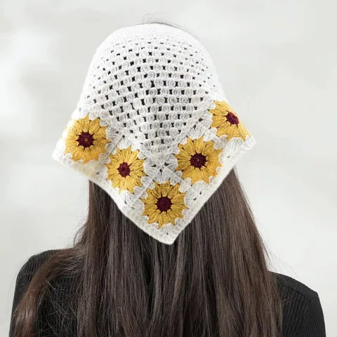 Französisches Pastorales Häkel-Gänseblümchen Dreieckiges Kopftuch Für Damen Retro Böhmisches Gestricktes Haarband Blumenmuster Kopftuch Zubehör