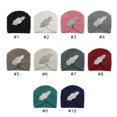 Women's Vintage Turban Hat With Rhinestone Leaf Accessory Autumn Winter Knitted Beanie Warm India Cap Headwear