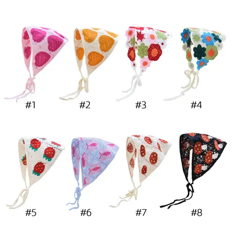 Fascia per Capelli a Triangolo in Maglia Uncinetto Pastorale Francese Bandana Retrò Traforata con Motivo Floreale Fragola Fungo per Donna