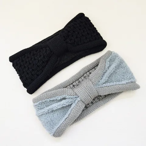 Bandeau Tricoté Hiver pour Femmes Doublé Polaire Cache-Oreilles Large Nœud Papillon Vintage Plaid Acrylique Bandeaux Thermiques Accessoires Cheveux