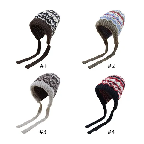 Damen Rautenmuster Jacquard Strickmütze Mit Lanyard Ohrenklappen Winter Warm Kontrastfarbe Pullover Wollmütze